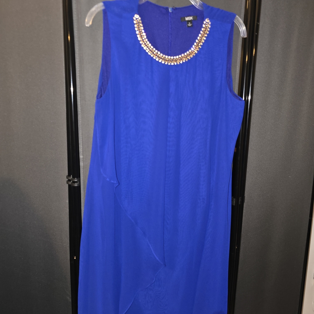 MSK Royal Blue Sleeveless Midi Dress with Embellished Neckline